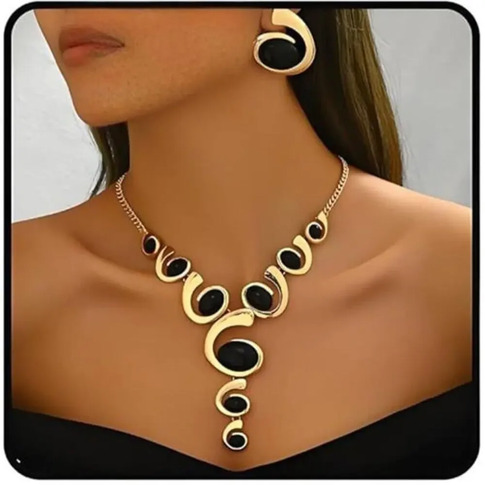 Golden Jewelry Set Kleo Black Boho Western Double Layered Chunky Vintage choker